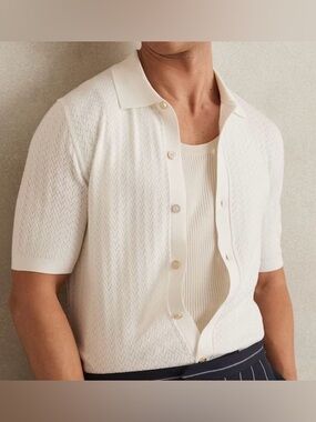 NEW Reiss Shirt Thames LARGE  knitted Polo Button Through men’s Beige